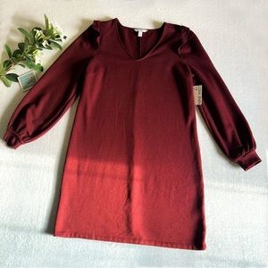 Nine West Sz Large Maroon Dress Knee Length Long Puff Sleeve